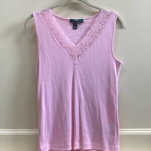 Lauren Ralph Lauren women’s Small pink ribbed cotton lace tank top